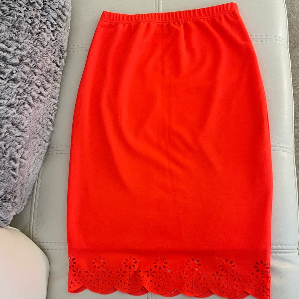 Say What? Bright Neon Orange/Pink Pencil midi Skirt with Ruffles